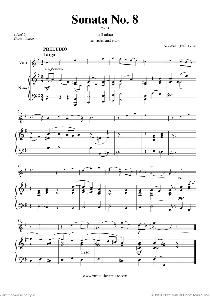 Sonata Op.5 No.8 sheet music for violin and piano by Arcangelo Corelli, classical score, intermediate skill level