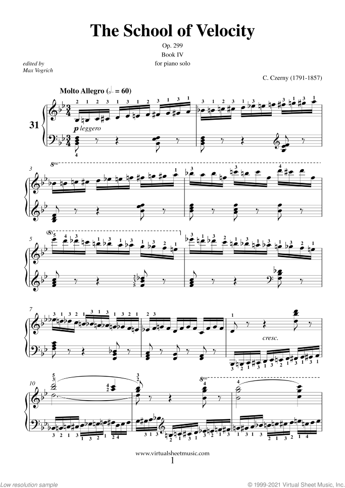 The School of Velocity Op.299 sheet music for piano solo by Carl Czerny, classical score, intermediate/advanced skill level