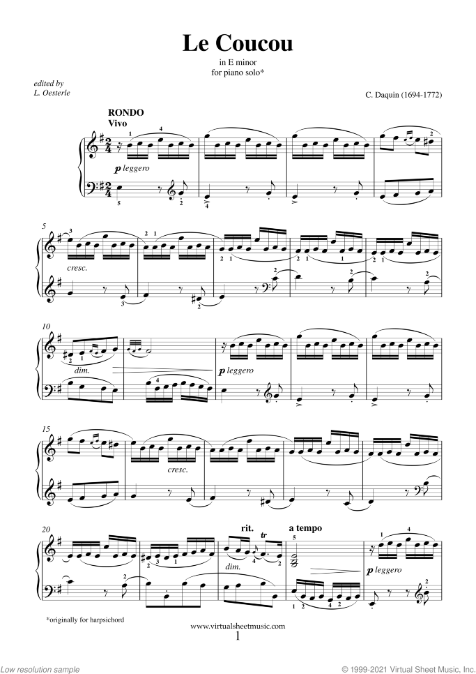 Le Coucou in E minor sheet music for piano solo by Louis-Claude Daquin, classical score, advanced skill level