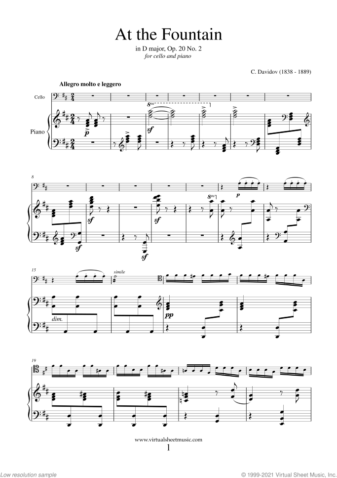 At the Fountain Op.20 No.2 sheet music for cello and piano by Carl Davidov, classical score, advanced skill level