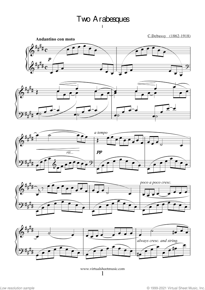 Two Arabesques sheet music for piano solo by Claude Debussy, classical score, intermediate skill level