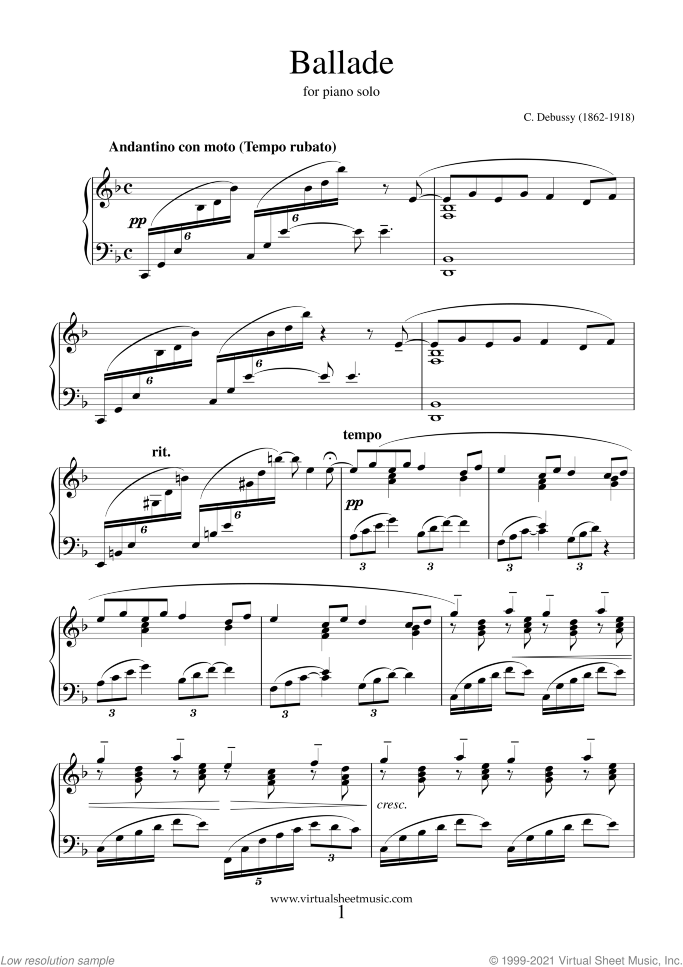 Ballade sheet music for piano solo by Claude Debussy, classical score, intermediate skill level