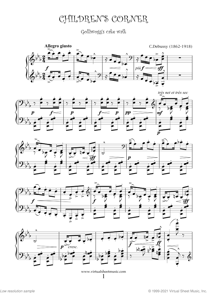 Golliwogg's cake walk sheet music for piano solo by Claude Debussy, classical score, intermediate skill level