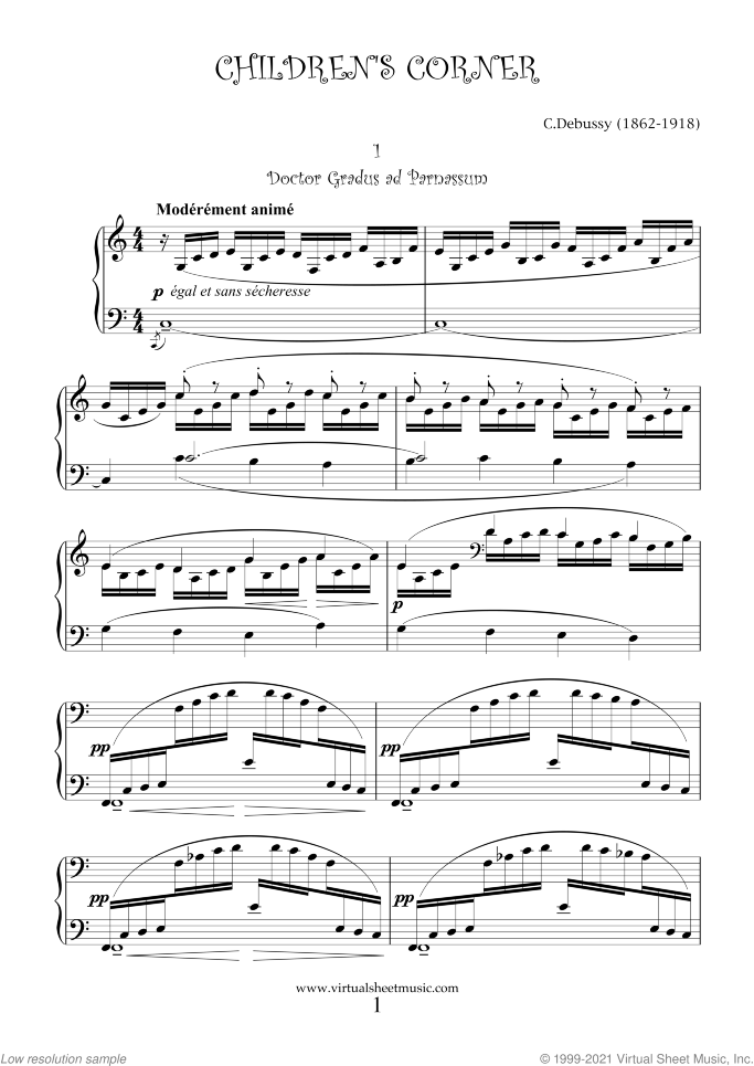 Children's Corner sheet music for piano solo by Claude Debussy, classical score, intermediate skill level