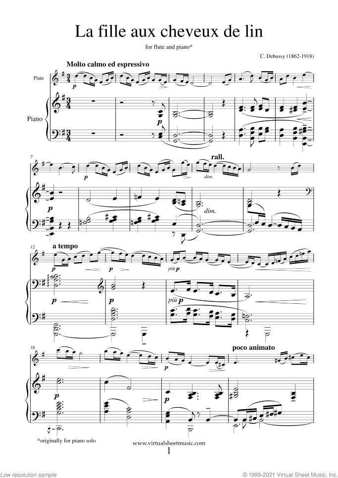 La fille aux cheveux de lin sheet music for flute and piano by Claude Debussy, classical score, intermediate/advanced skill level