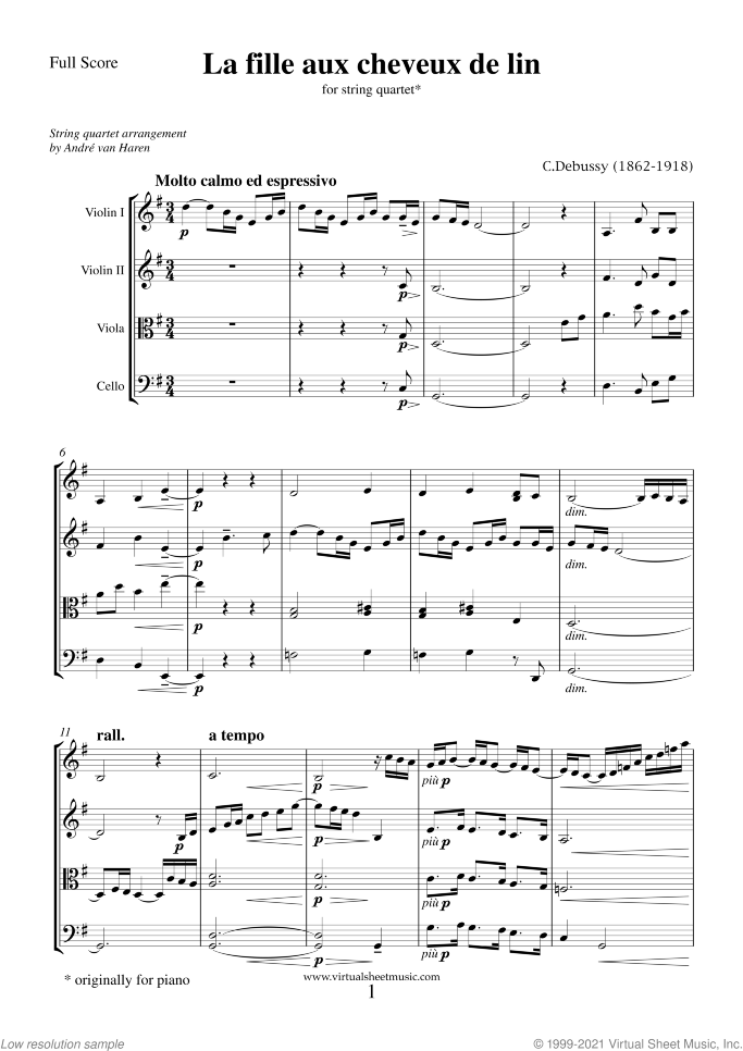 La fille aux cheveux de lin sheet music for string quartet by Claude Debussy, classical score, intermediate/advanced skill level