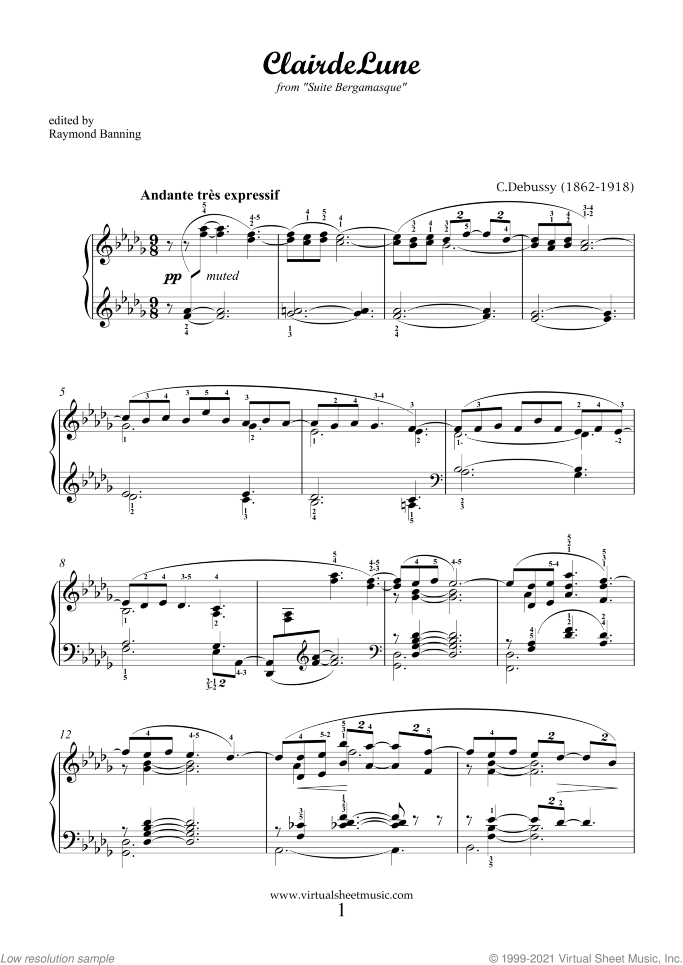 Clair de Lune (New Edition) sheet music for piano solo by Claude Debussy, classical score, intermediate skill level