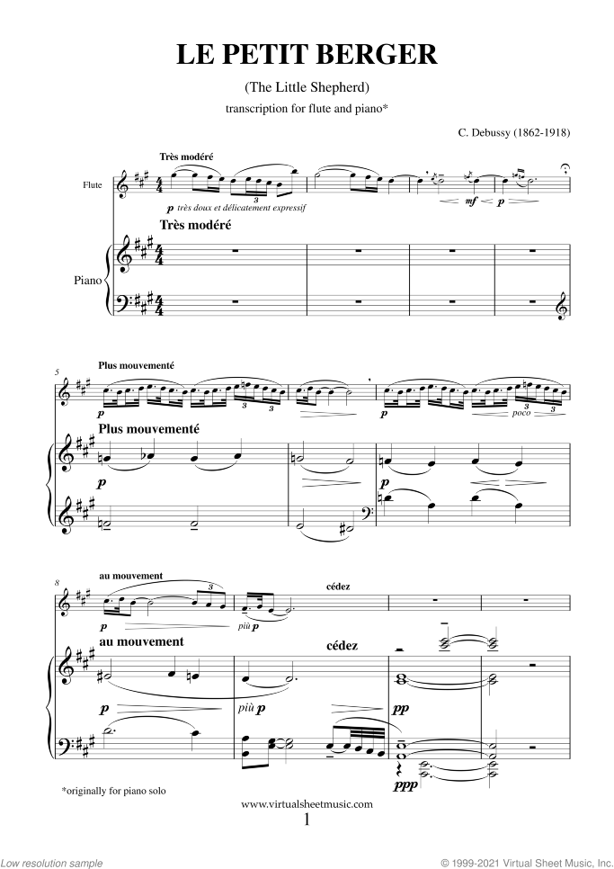 Le Petit Berger (The Little Shepherd) sheet music for flute and piano by Claude Debussy, classical score, intermediate skill level