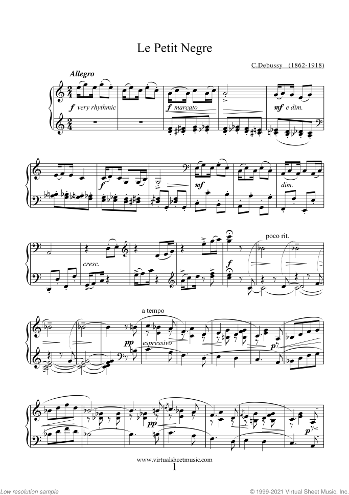 Le Petit Negre sheet music for piano solo by Claude Debussy, classical score, easy skill level