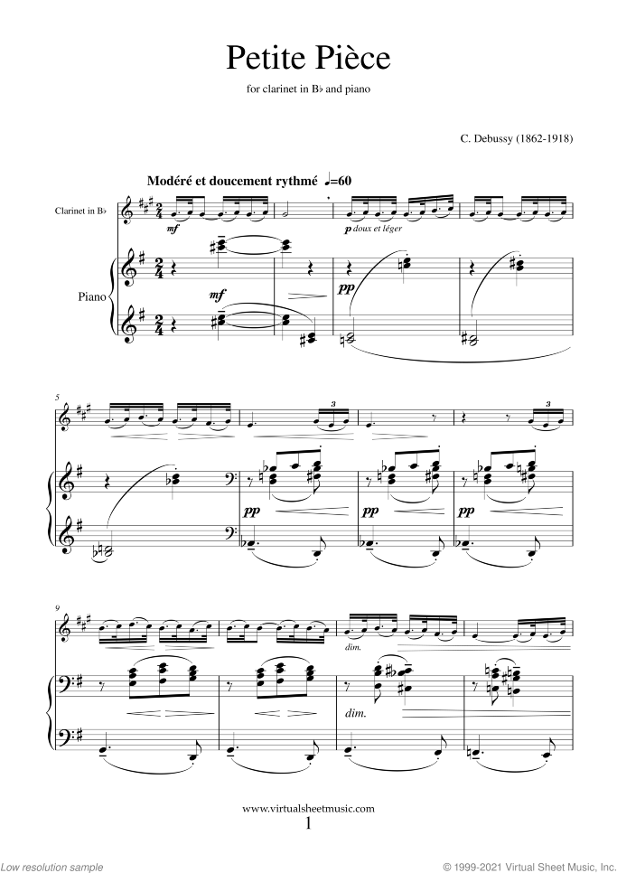 Petite Piece sheet music for clarinet and piano by Claude Debussy, classical score, intermediate skill level