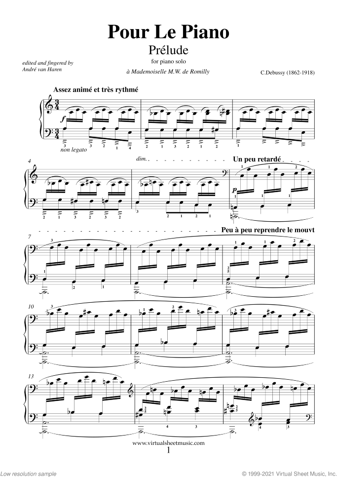 Pour le Piano - Prelude sheet music for piano solo by Claude Debussy, classical score, advanced skill level