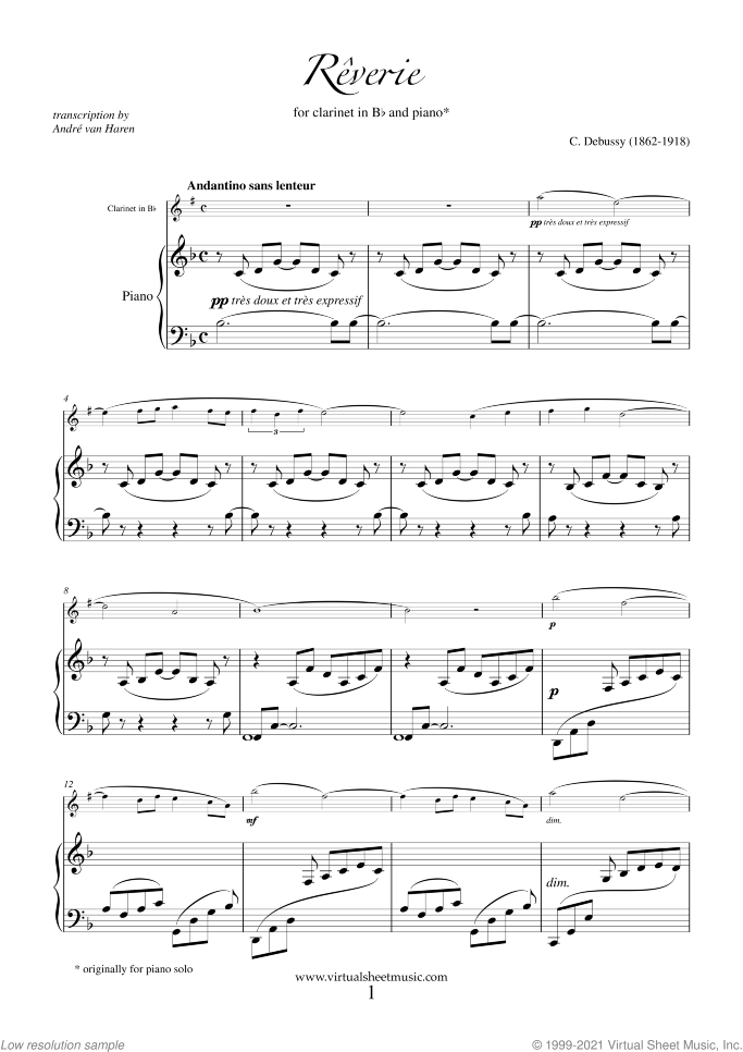Reverie sheet music for clarinet and piano by Claude Debussy, classical score, easy skill level