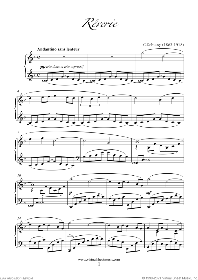 Reverie (NEW EDITION) sheet music for piano solo by Claude Debussy, classical score, easy skill level