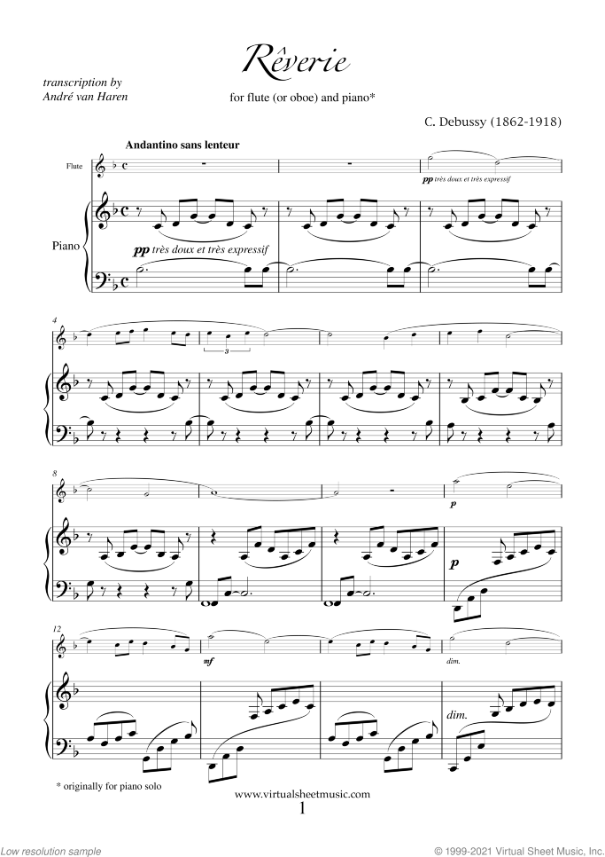 Reverie sheet music for flute (or oboe) and piano by Claude Debussy, classical score, easy skill level