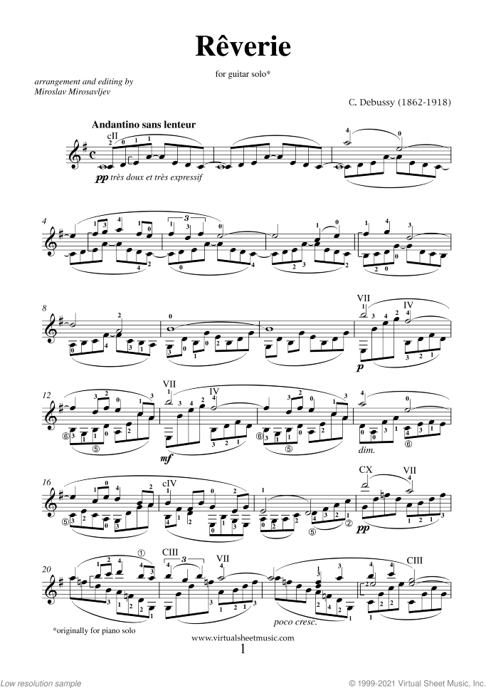 Reverie sheet music for guitar solo by Claude Debussy, classical score, easy/intermediate skill level