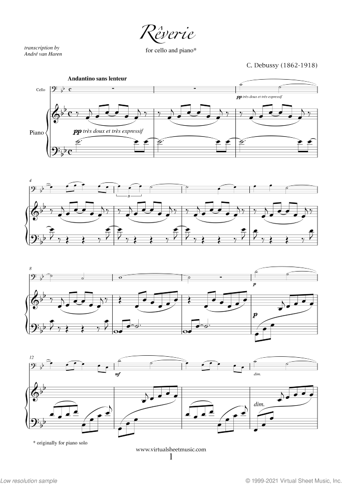 Reverie sheet music for cello and piano by Claude Debussy, classical score, easy skill level