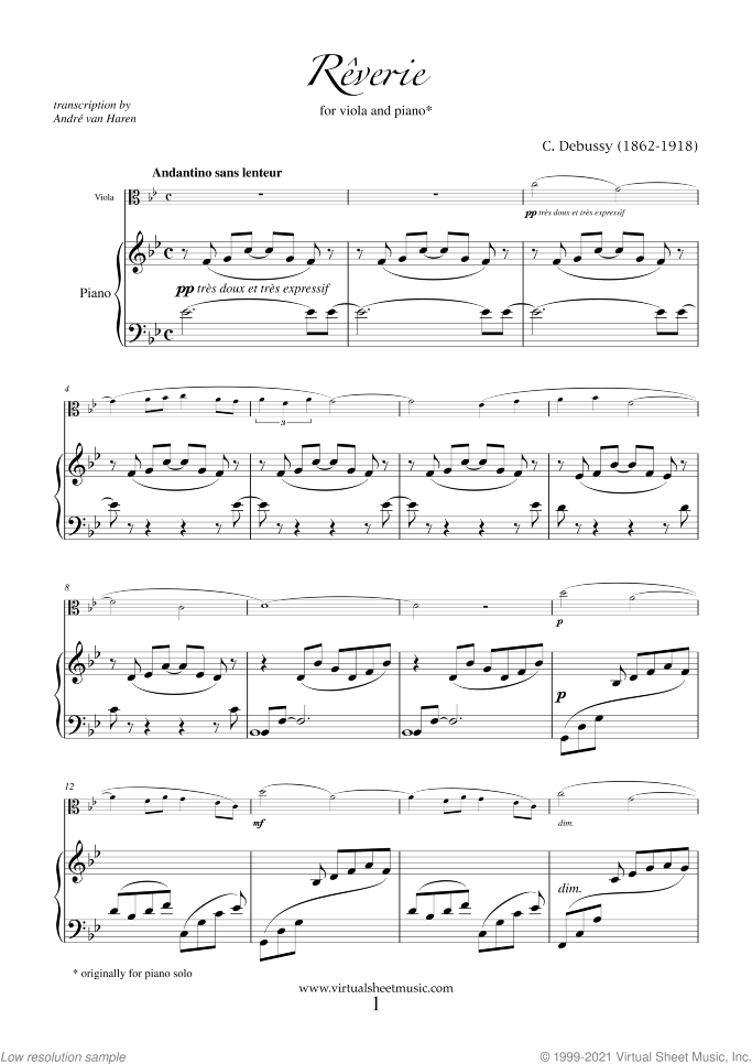 Reverie sheet music for viola and piano by Claude Debussy, classical score, easy skill level
