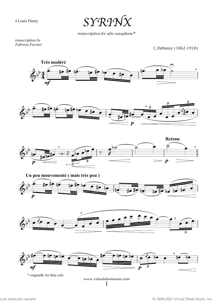 Syrinx sheet music for alto saxophone solo by Claude Debussy, classical score, intermediate skill level