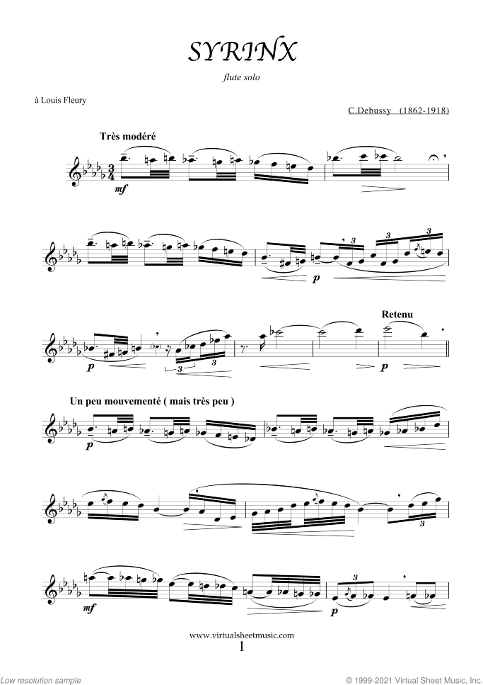 Syrinx sheet music for flute solo by Claude Debussy, classical score, intermediate skill level