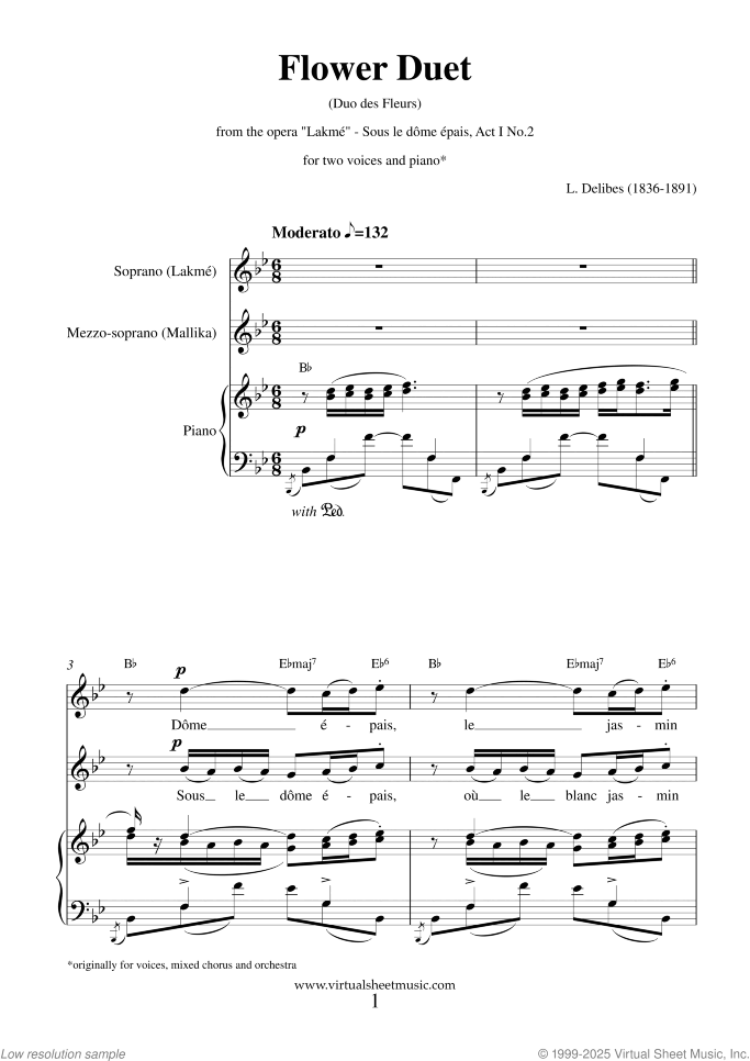 Flower Duet from Lakme sheet music for two voices and piano by Leo Delibes, classical wedding score, intermediate+ skill level