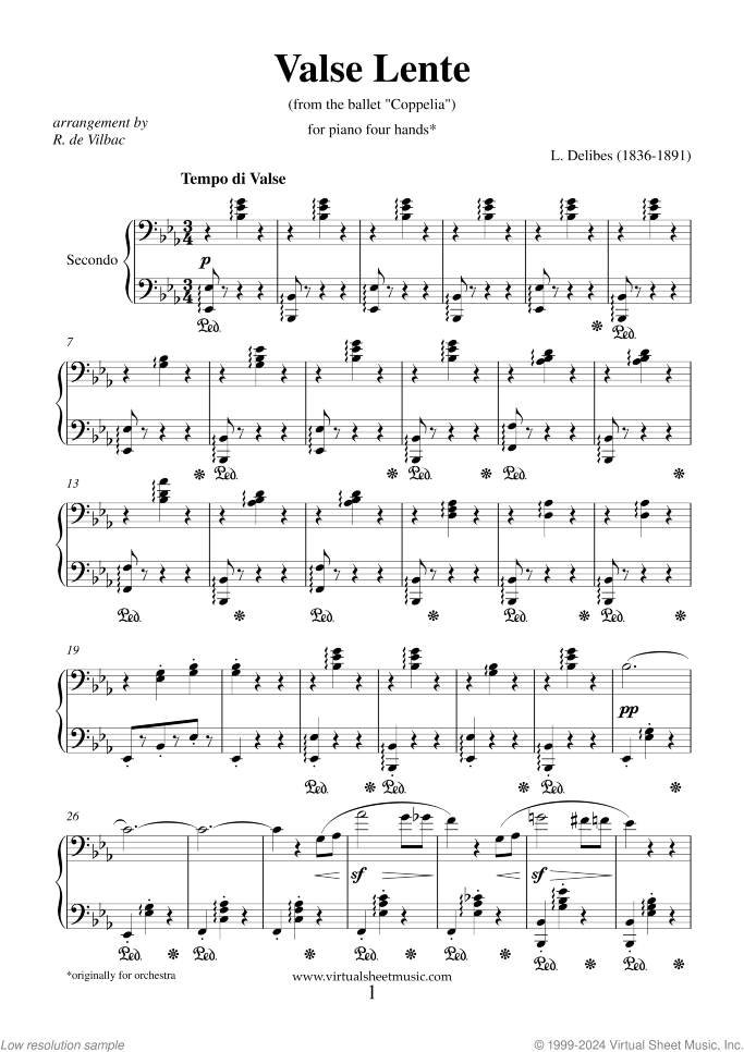 Valse Lente sheet music for piano four hands by Leo Delibes, classical wedding score, intermediate skill level