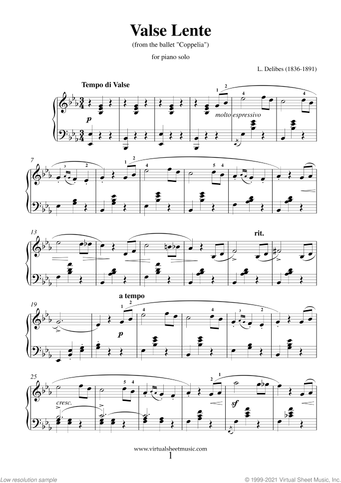 Valse Lente sheet music for piano solo by Leo Delibes, classical wedding score, easy/intermediate skill level