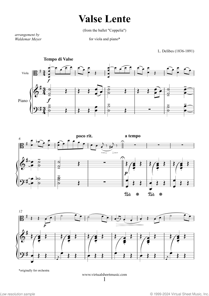 Valse Lente sheet music for viola and piano by Leo Delibes, classical wedding score, intermediate skill level