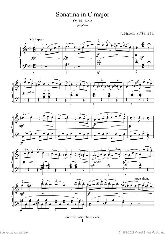 Sonatina in C major Op.151 No.2 sheet music for piano solo by Antonio Diabelli, classical score, easy/intermediate skill level