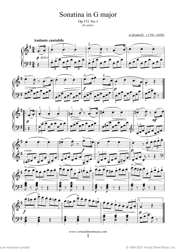 Sonatina in G major Op.151 No.1 sheet music for piano solo by Antonio Diabelli, classical score, easy skill level