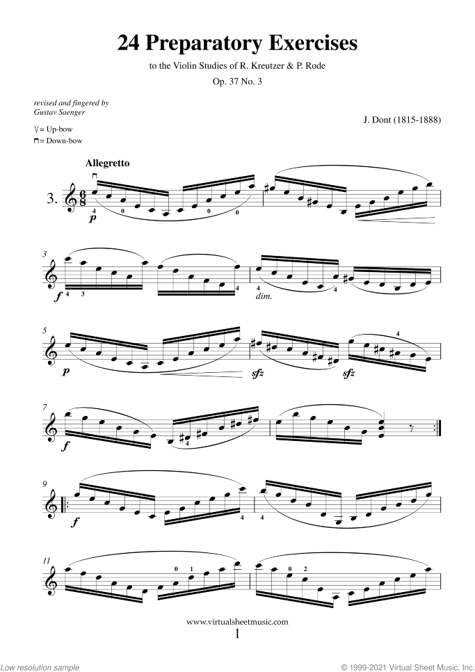 Exercise Op.37 No.3 from 24 Preparatory Exercises sheet music for violin solo by Jacob Dont, classical score, intermediate skill level