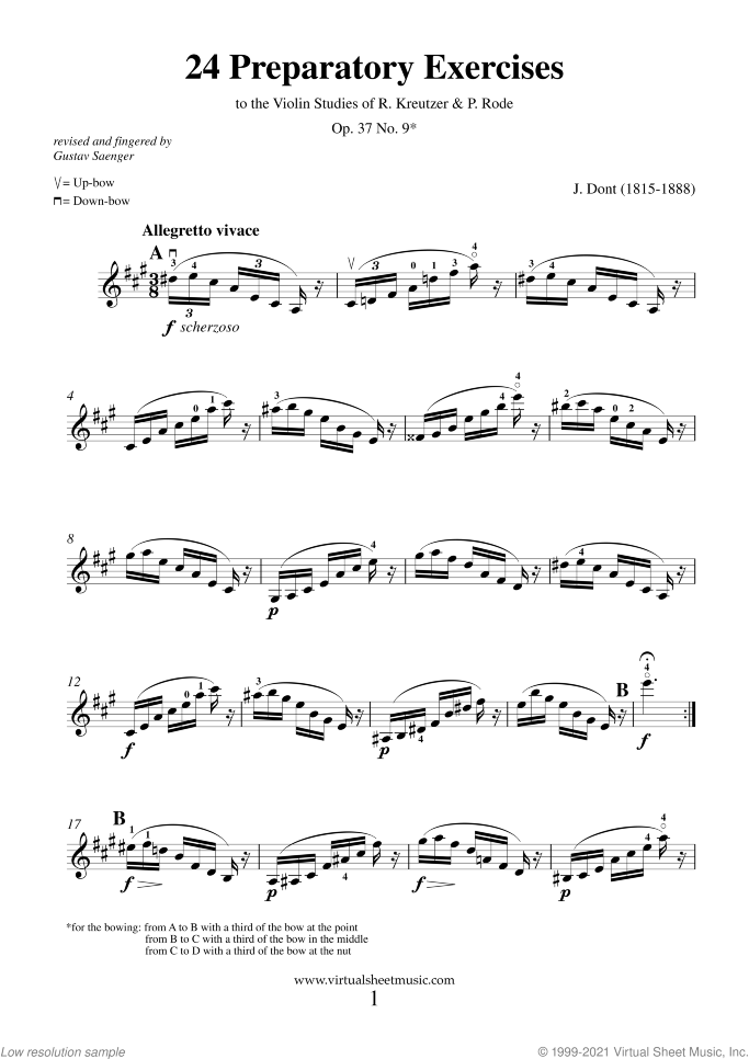 Exercise Op.37 No.9 from 24 Preparatory Exercises sheet music for violin solo by Jacob Dont, classical score, intermediate skill level