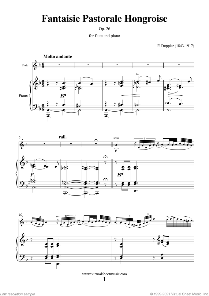 Fantaisie Pastorale Hongroise Op. 26 sheet music for flute and piano by Franz Doppler, classical score, advanced skill level