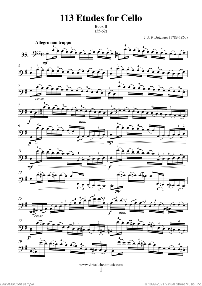 Etudes for Cello sheet music for cello solo by Friedrich Dotzauer, classical score, advanced skill level