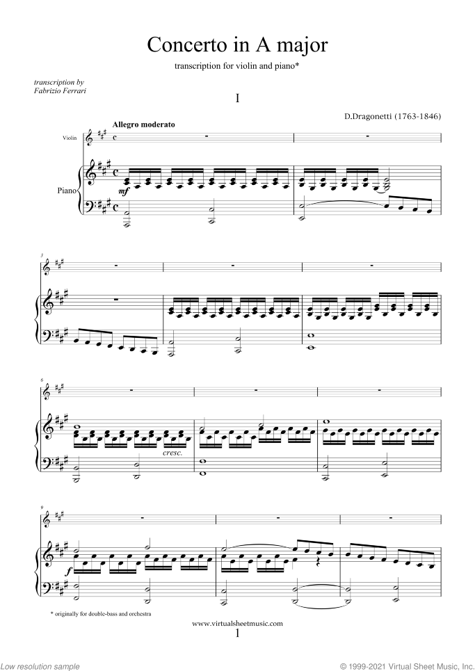 Concerto in A major sheet music for violin and piano by Domenico Dragonetti, classical score, advanced skill level