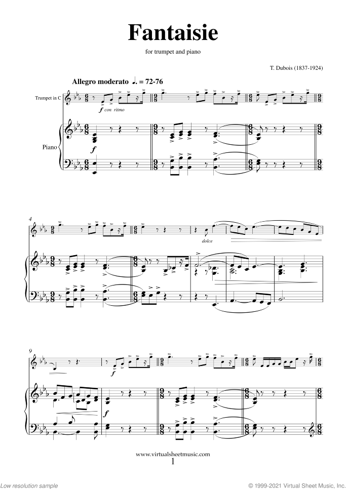 Fantaisie sheet music for trumpet and piano by Theodore Dubois, classical wedding score, intermediate skill level