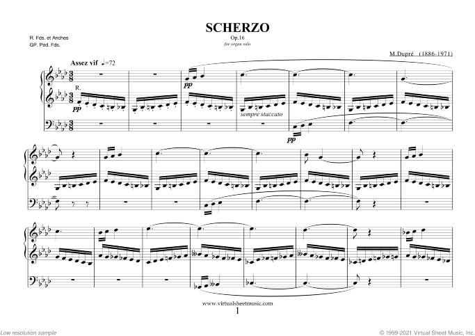 Scherzo sheet music for organ solo by Marcel Dupre, classical score, advanced skill level