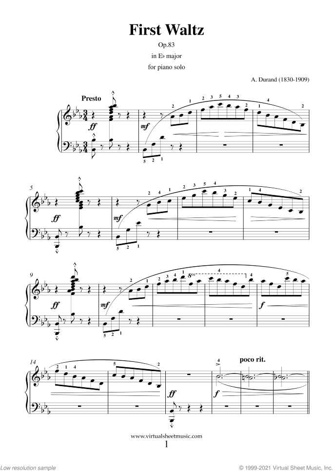 First Waltz in E flat major Op.83 sheet music for piano solo by Auguste Durand, classical score, intermediate skill level