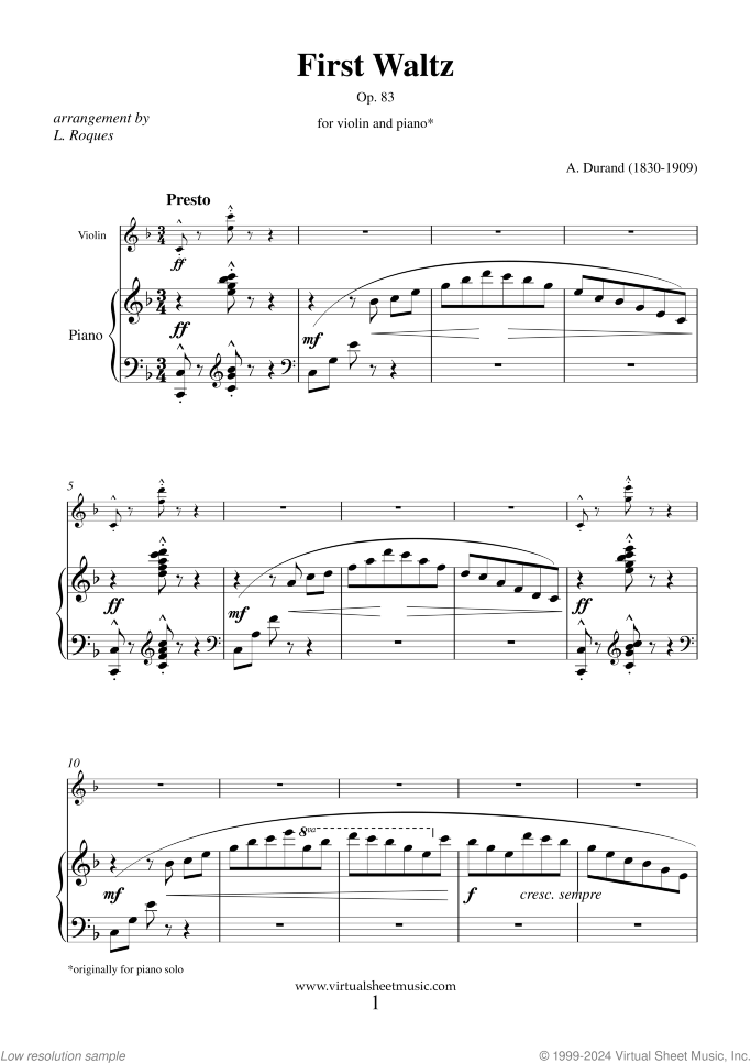 First Waltz Op.83 sheet music for violin and piano by Auguste Durand, classical score, advanced skill level