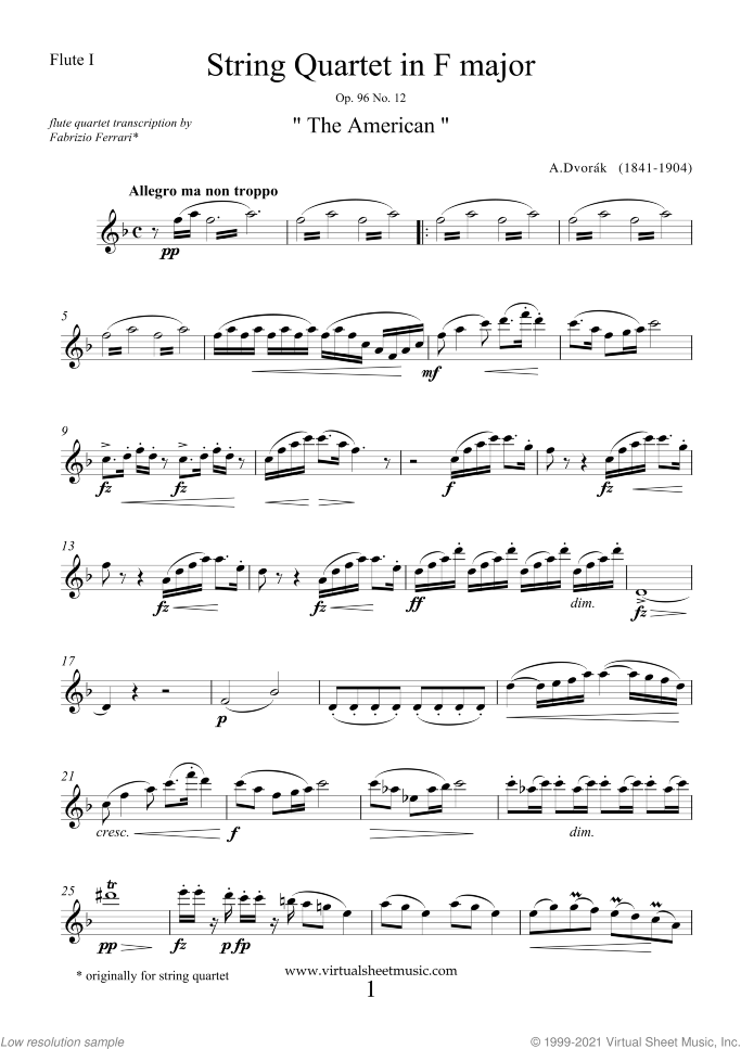 Quartet Op.96 No.12 "The American" (parts) sheet music for flute quartet by Antonin Dvorak, classical score, intermediate/advanced skill level
