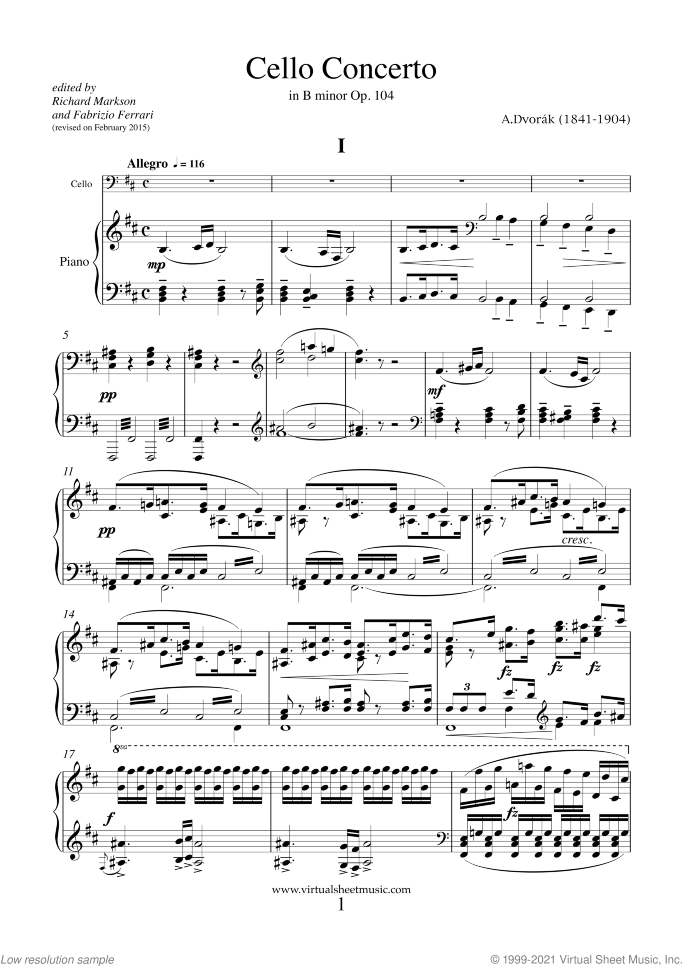 Concerto in B minor Op.104 (3rd Edition) sheet music for cello and piano by Antonin Dvorak, classical score, advanced skill level