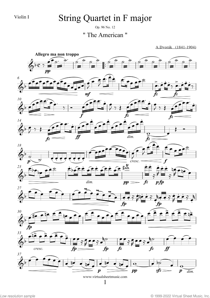 Romance in F minor Op.11 sheet music for violin and piano by Antonin Dvorak, classical score, intermediate skill level