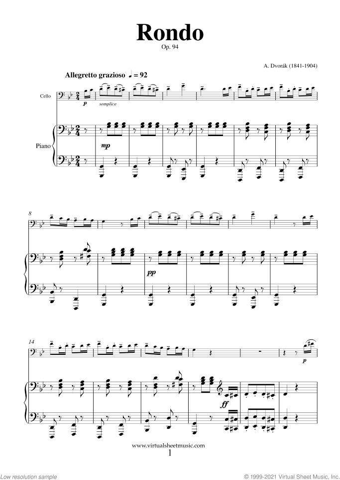 Rondo Op.94 sheet music for cello and piano by Antonin Dvorak, classical score, advanced skill level