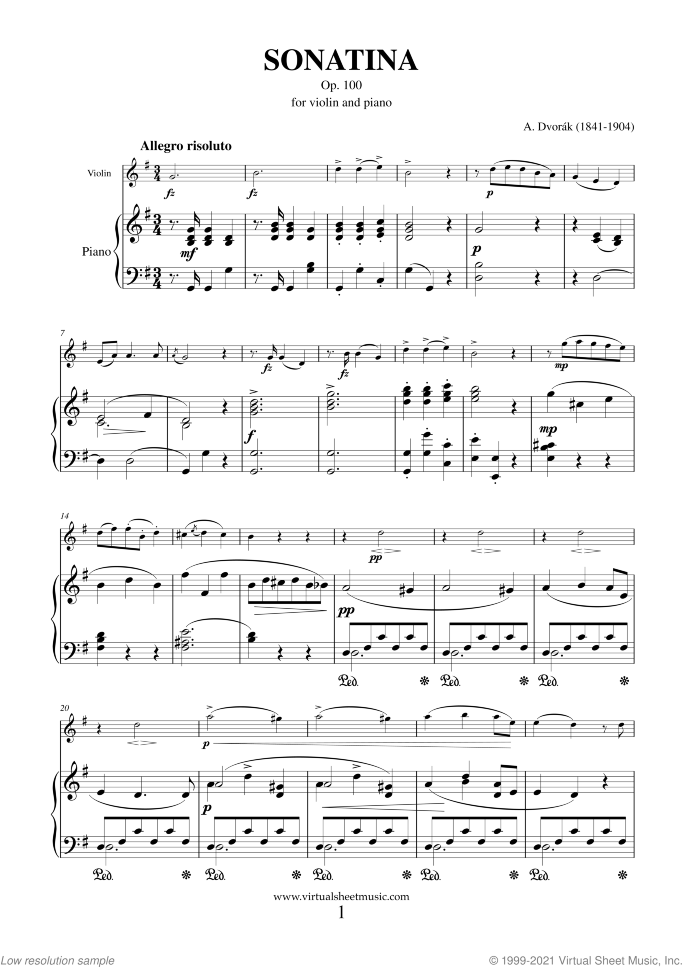 Sonatina in G major Op.100 sheet music for violin and piano by Antonin Dvorak, classical score, intermediate skill level