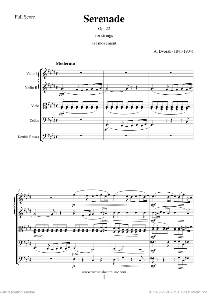 Serenade Op. 22 sheet music for string orchestra by Antonin Dvorak, classical score, intermediate/advanced skill level