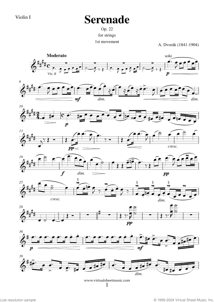 Serenade Op. 22 sheet music for string orchestra by Antonin Dvorak, classical score, intermediate/advanced skill level