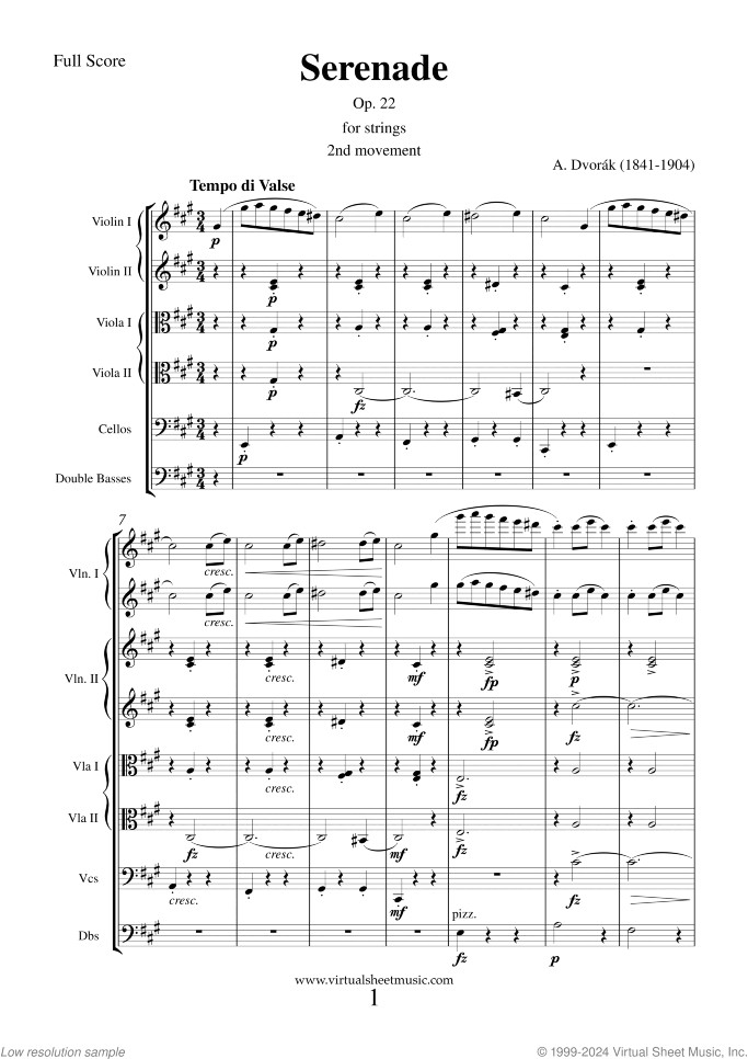 Serenade Op. 22 sheet music for string orchestra by Antonin Dvorak, classical score, intermediate/advanced skill level