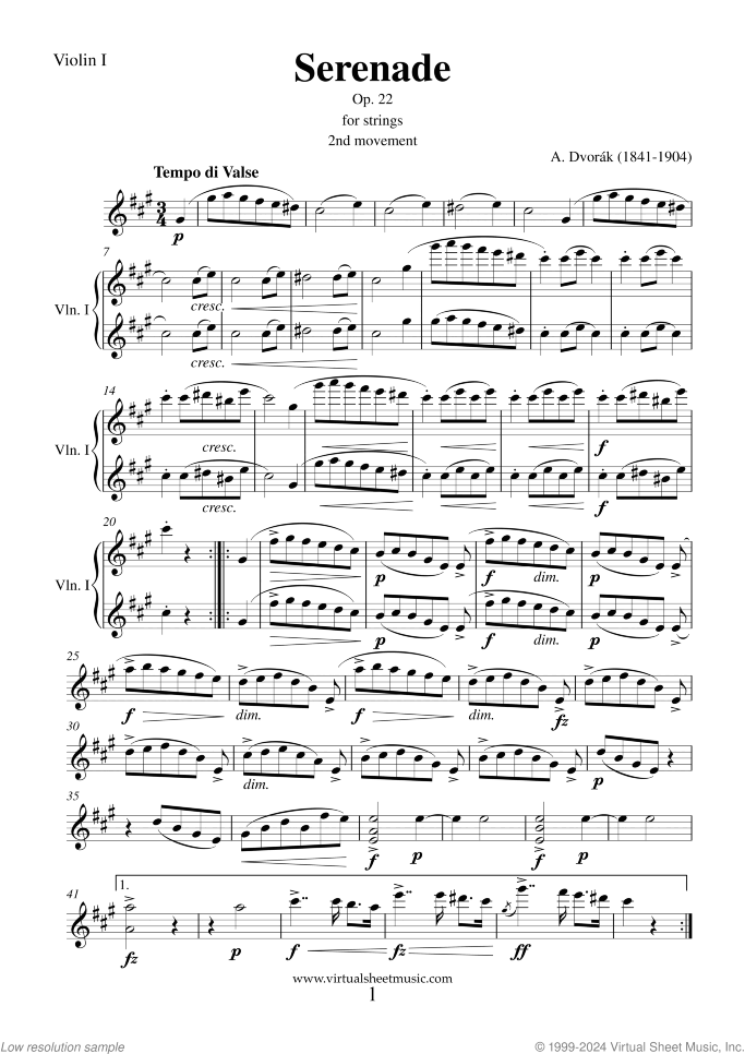 Serenade Op. 22 sheet music for string orchestra by Antonin Dvorak, classical score, intermediate/advanced skill level