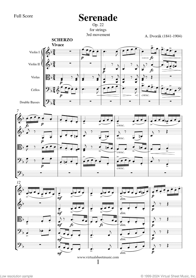 Serenade Op. 22 sheet music for string orchestra by Antonin Dvorak, classical score, intermediate/advanced skill level