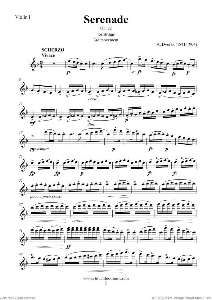 Serenade Op. 22 sheet music for string orchestra by Antonin Dvorak, classical score, intermediate/advanced skill level