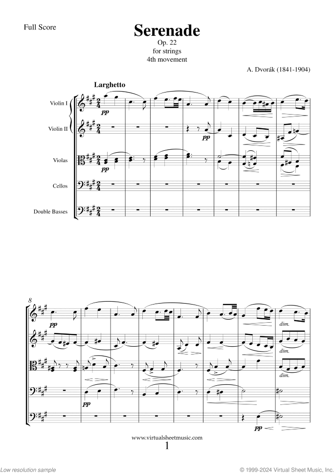 Serenade Op. 22 sheet music for string orchestra by Antonin Dvorak, classical score, intermediate/advanced skill level